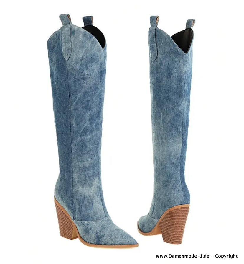 Denim Winter Stiefel in Blau Kniehoch Cowboy Stiefel